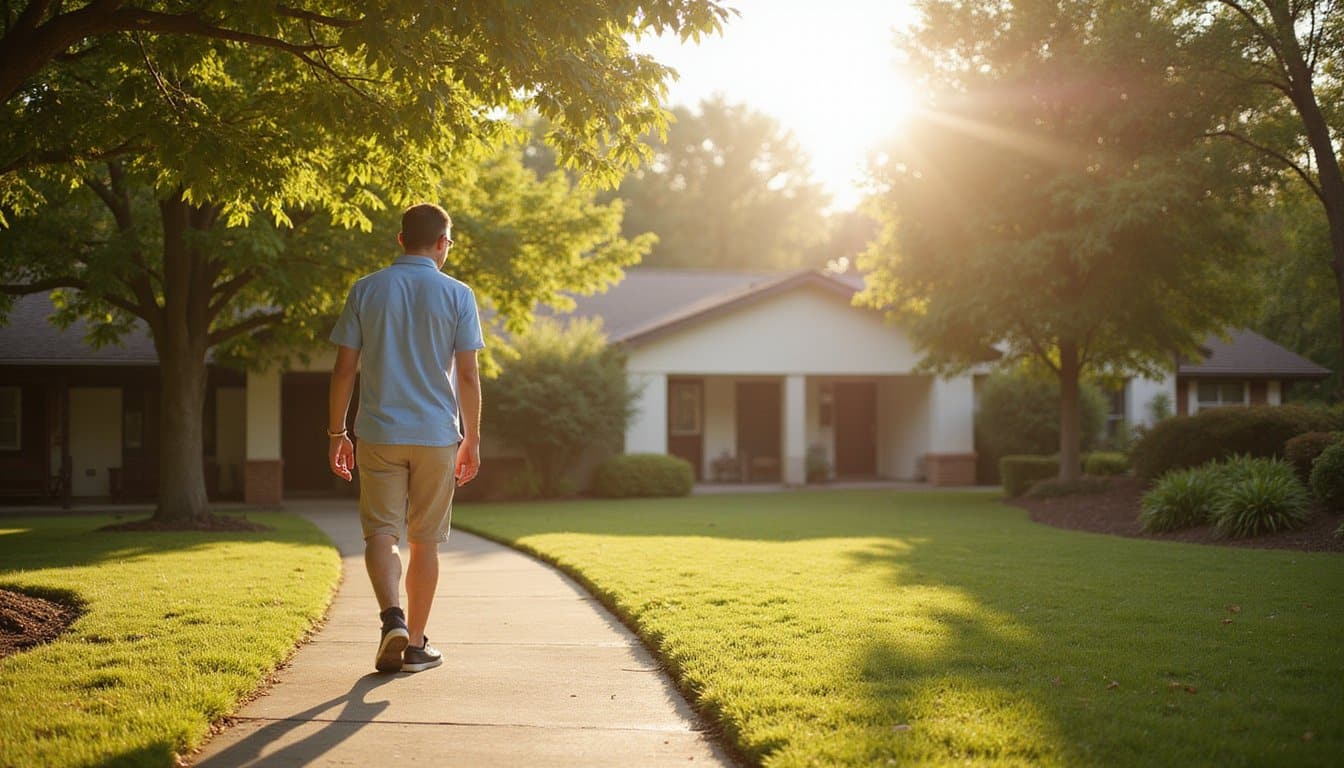 Man walking towards a house