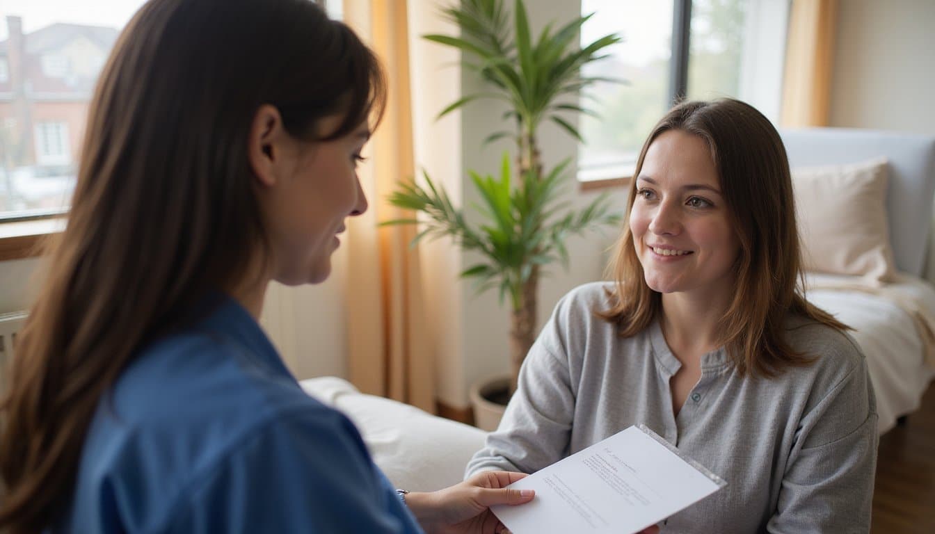 Two women talking inside an inpatient facility