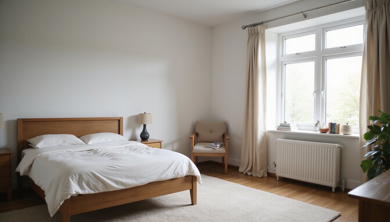 A simple residential room interior with a neatly made bed, a small chair, and a window letting in soft natural light