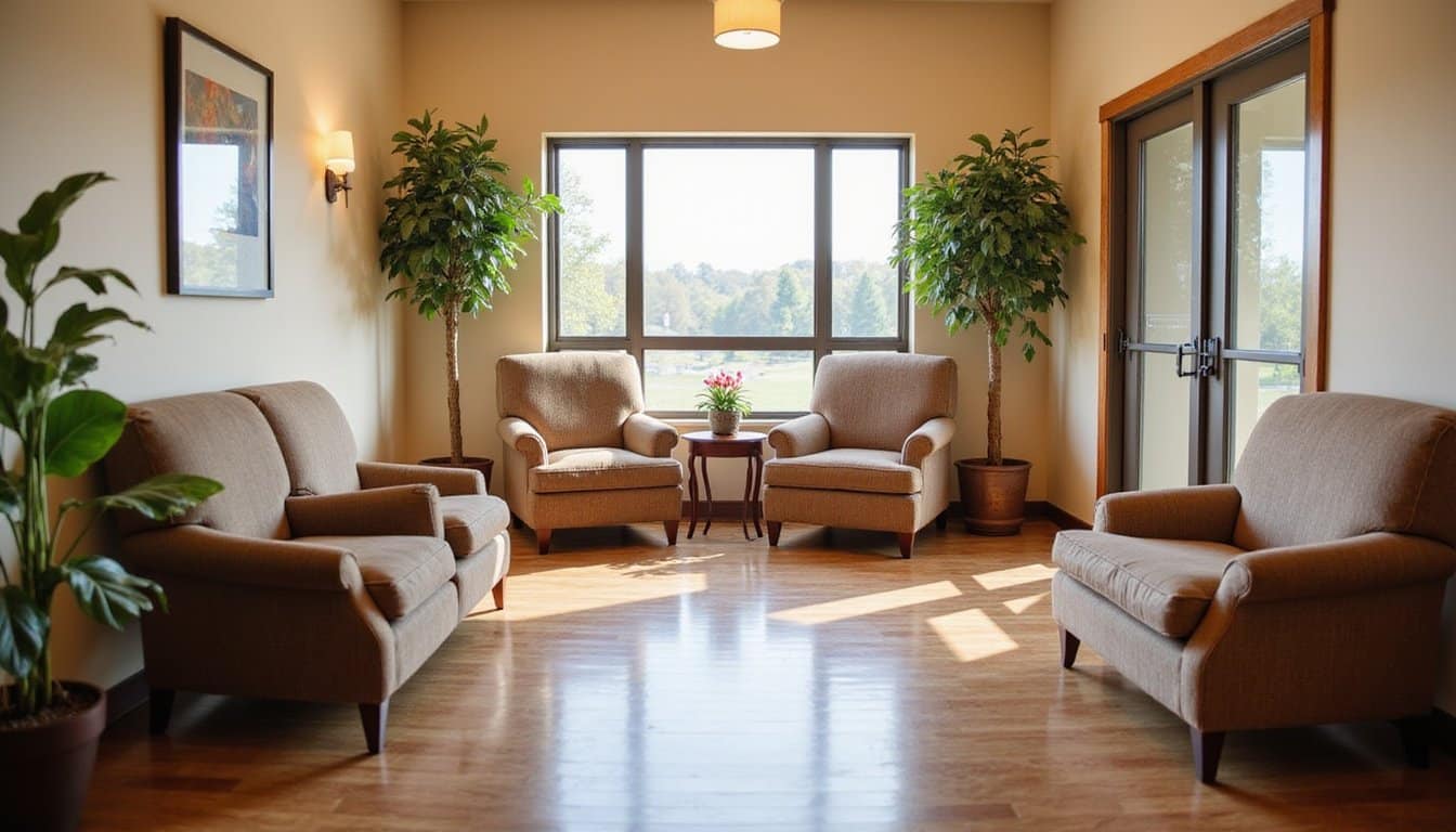 Inviting treatment center reception area with comfortable seating, warm décor, and soft natural lighting