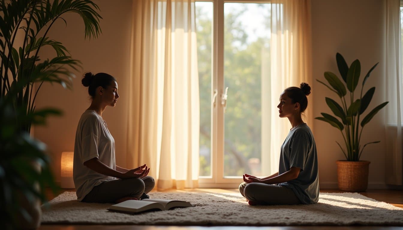 Two women in yoga pose sitting in a calm room meditating