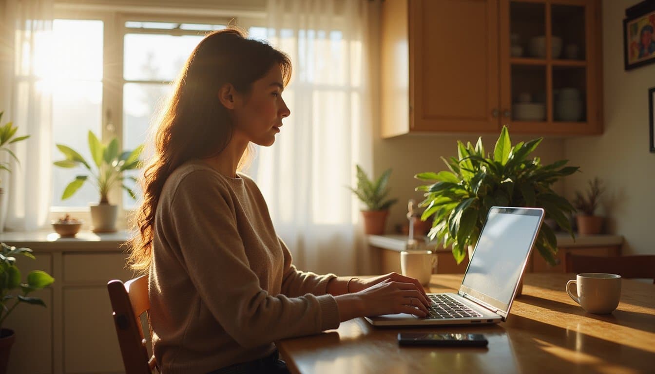 Person in a peaceful kitchen using a laptop to seek support services