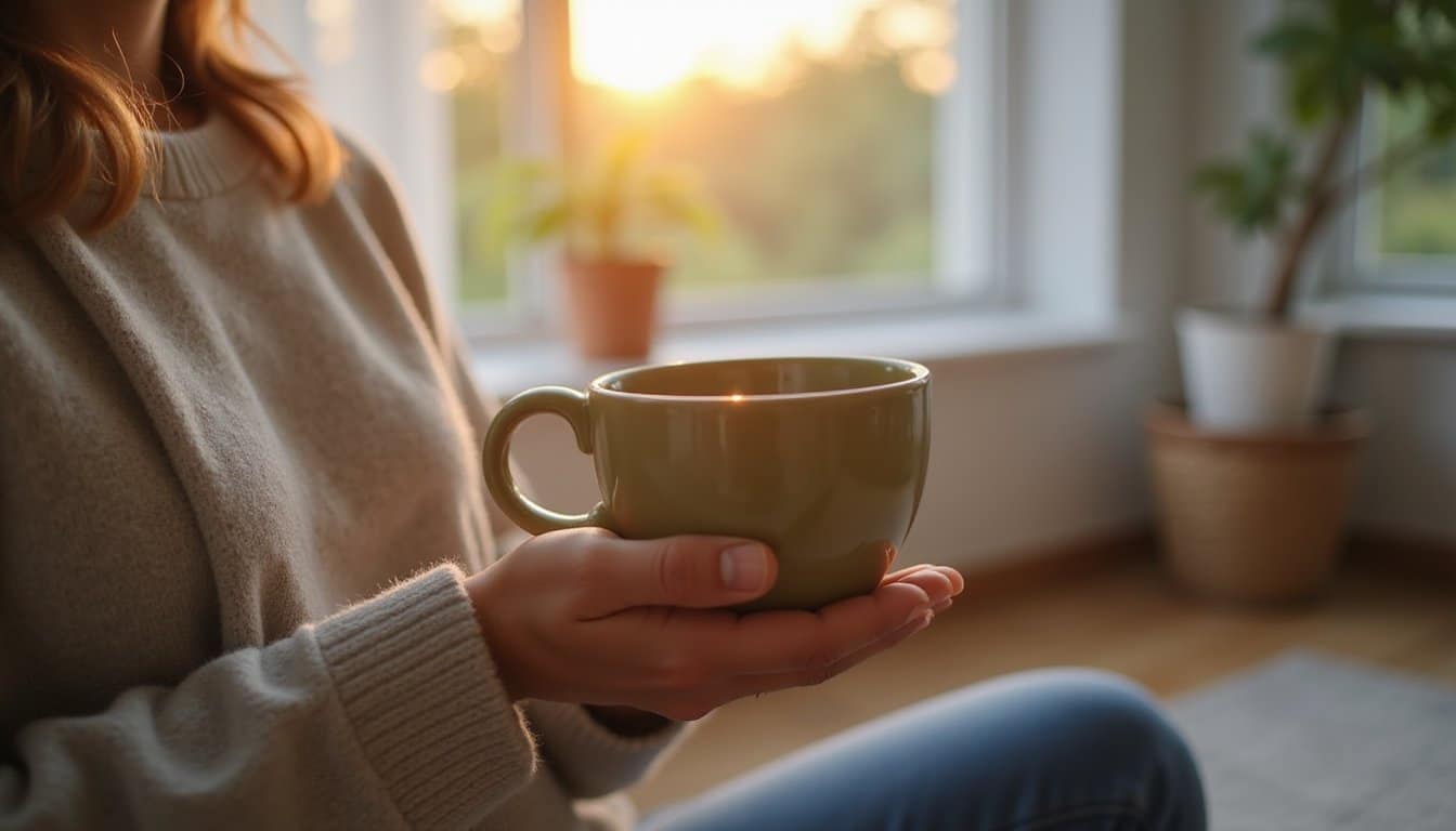A Woman holding a warm cup of green tea
