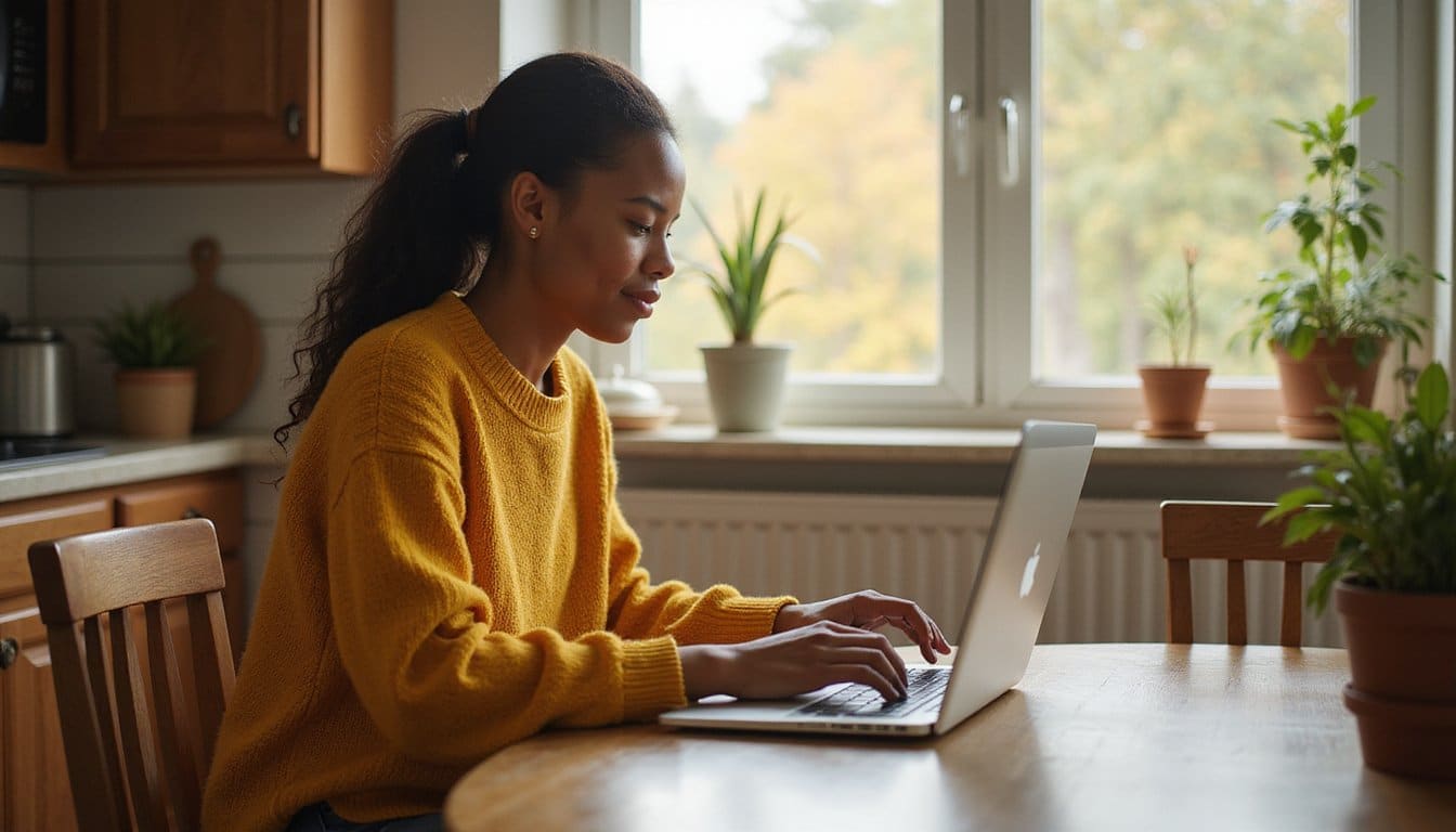 Person looking up local recovery support on a laptop in a bright kitchen