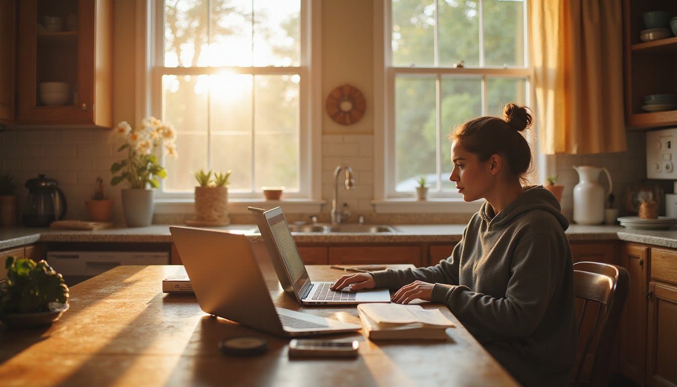 Person sitting at a kitchen table looking at recovery information on a laptop