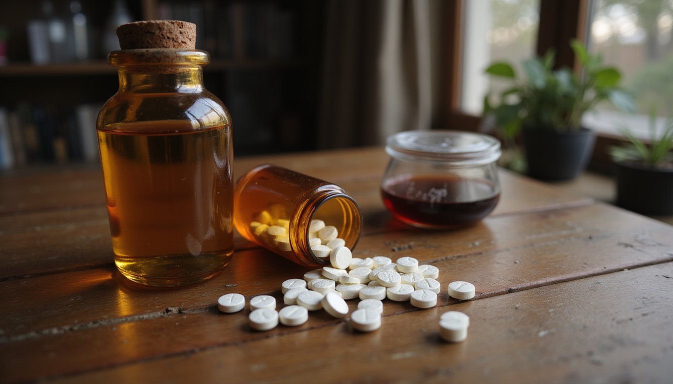 three unlabeled amber pill bottles arranged simply, one open with pills clearly visible inside the bottle,