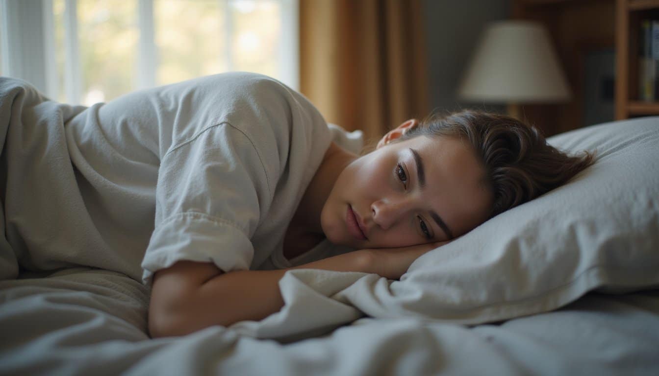 Close-up of an adult resting in a cozy residential detox bedroom with warm light