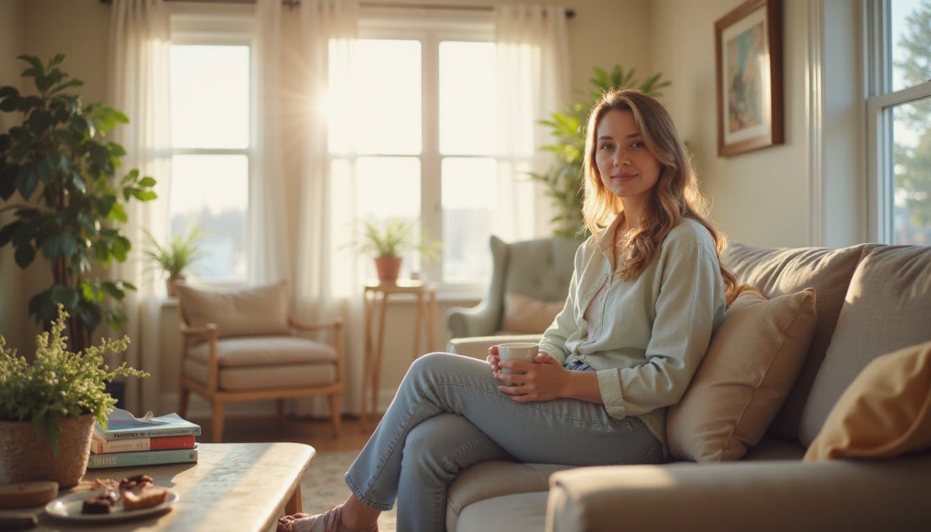 Woman seated in Marijuana detox treatment room with cozy residential style