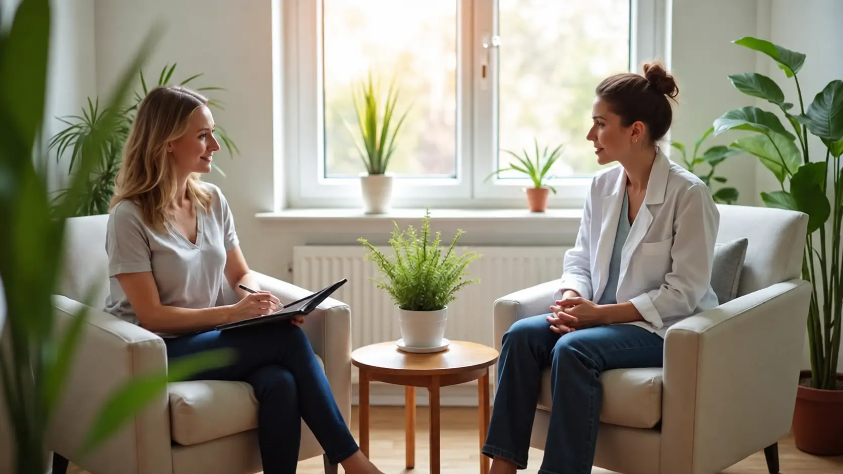 Woman speaking with a healthcare professional during a consultation in a bright, plant-filled office.