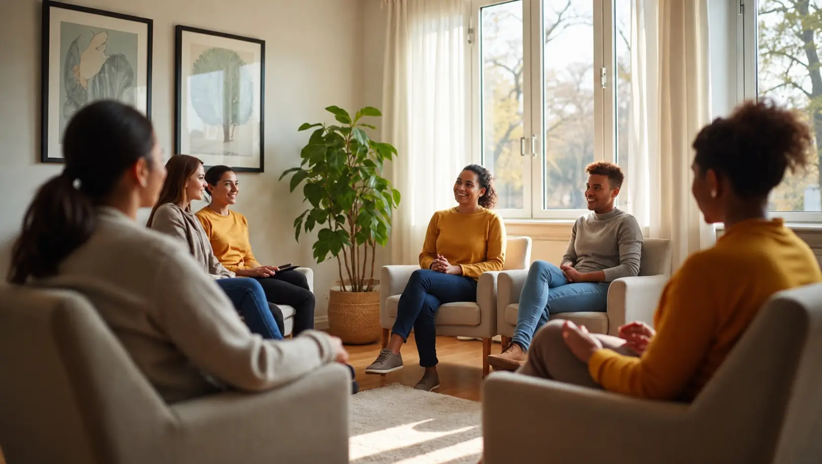 Diverse group of adults participating in a group therapy session in a bright, comfortable room