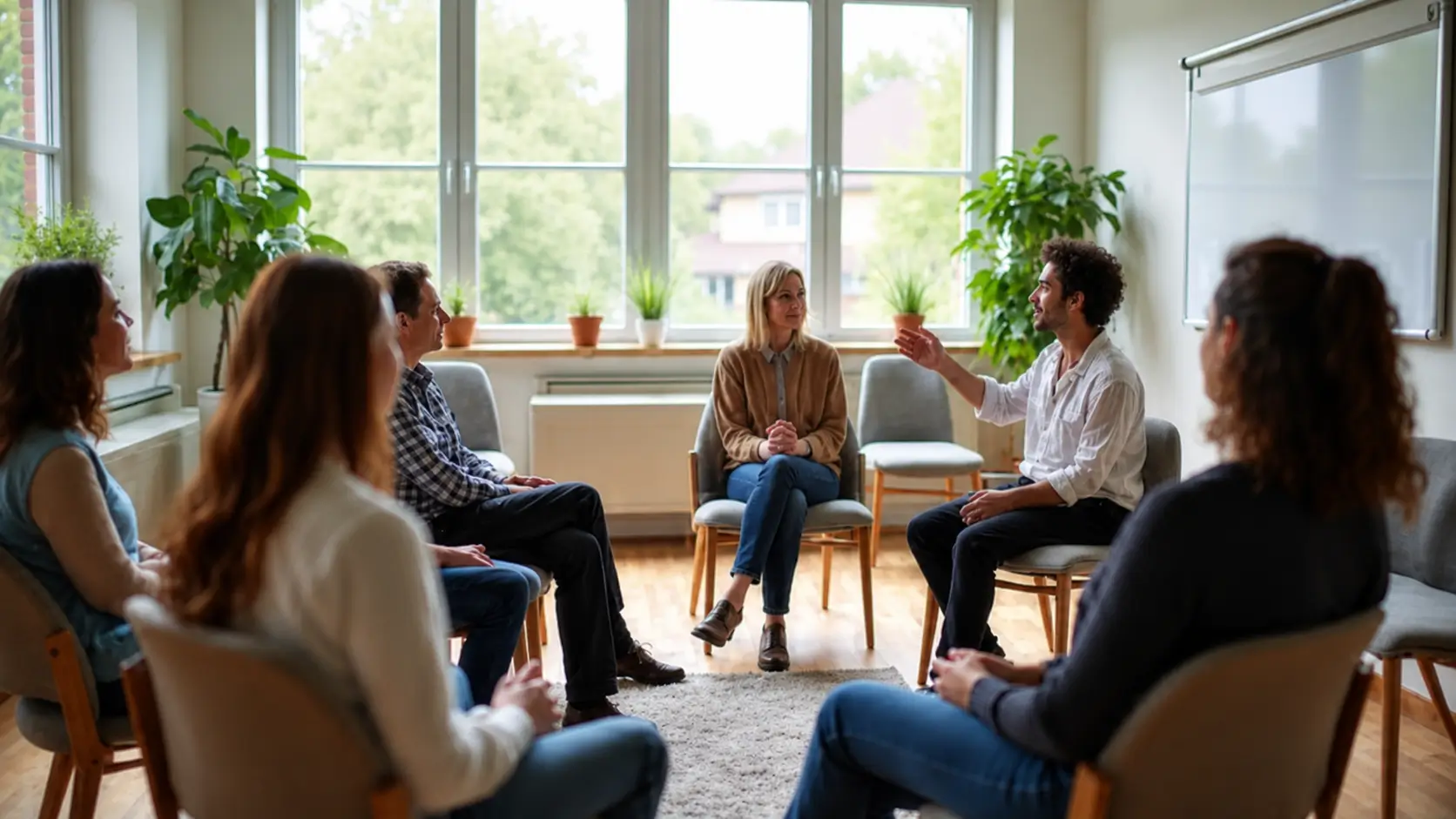 Adults participating in a group therapy session in a bright room while one participant speaks to the group
