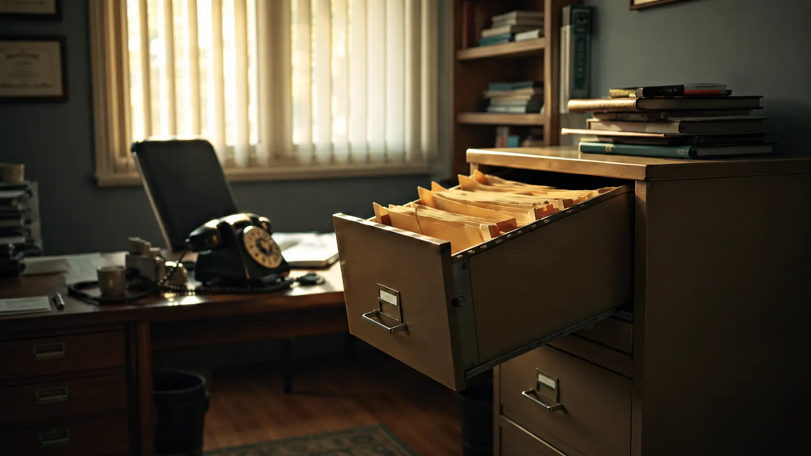 Pile of fikes in an office with a phone on the table.