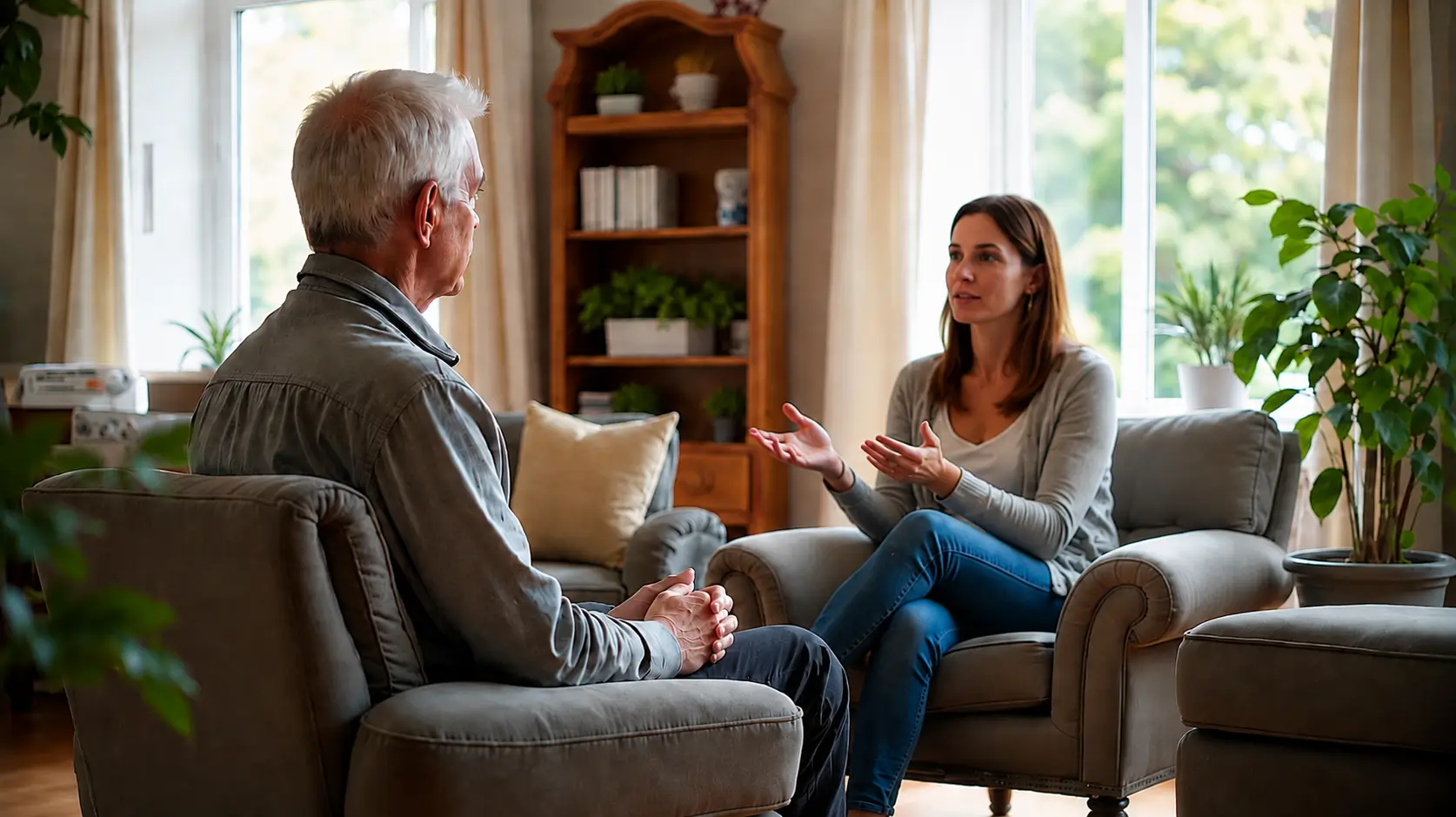 Woman speaking with an older man during a one-on-one therapy session in a comfortable living room setting