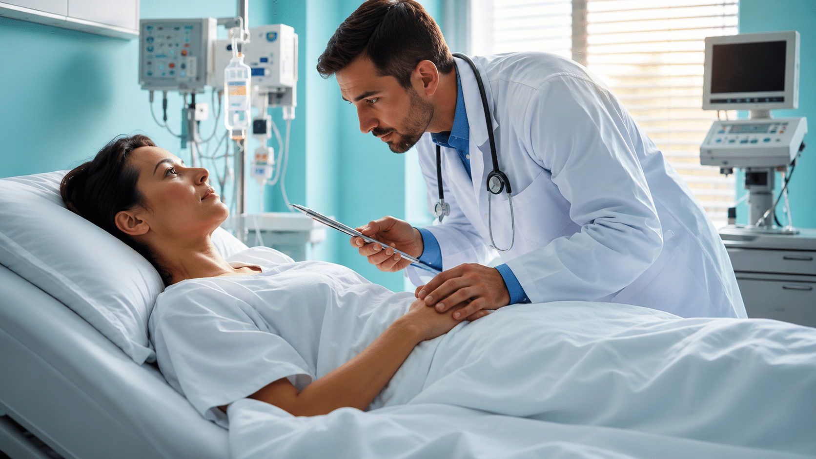 Doctor speaking with a female patient resting in a hospital bed during a medical consultation.