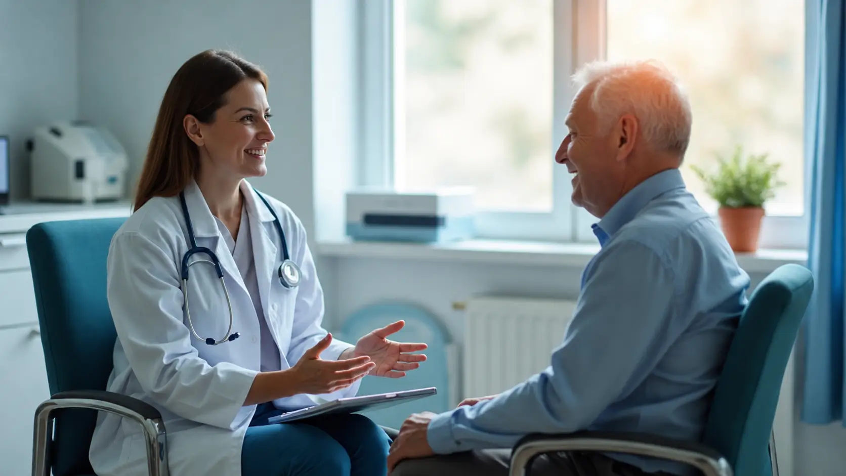 Female doctor speaking with an older male patient during a consultation in a bright medical office.