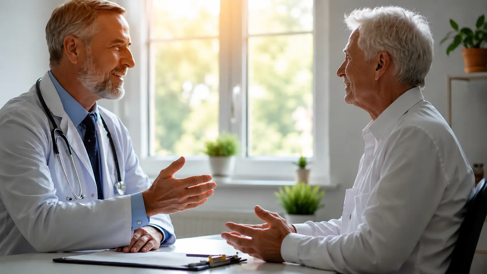 Doctor speaking with an older male patient during a medical consultation in a bright clinic office.