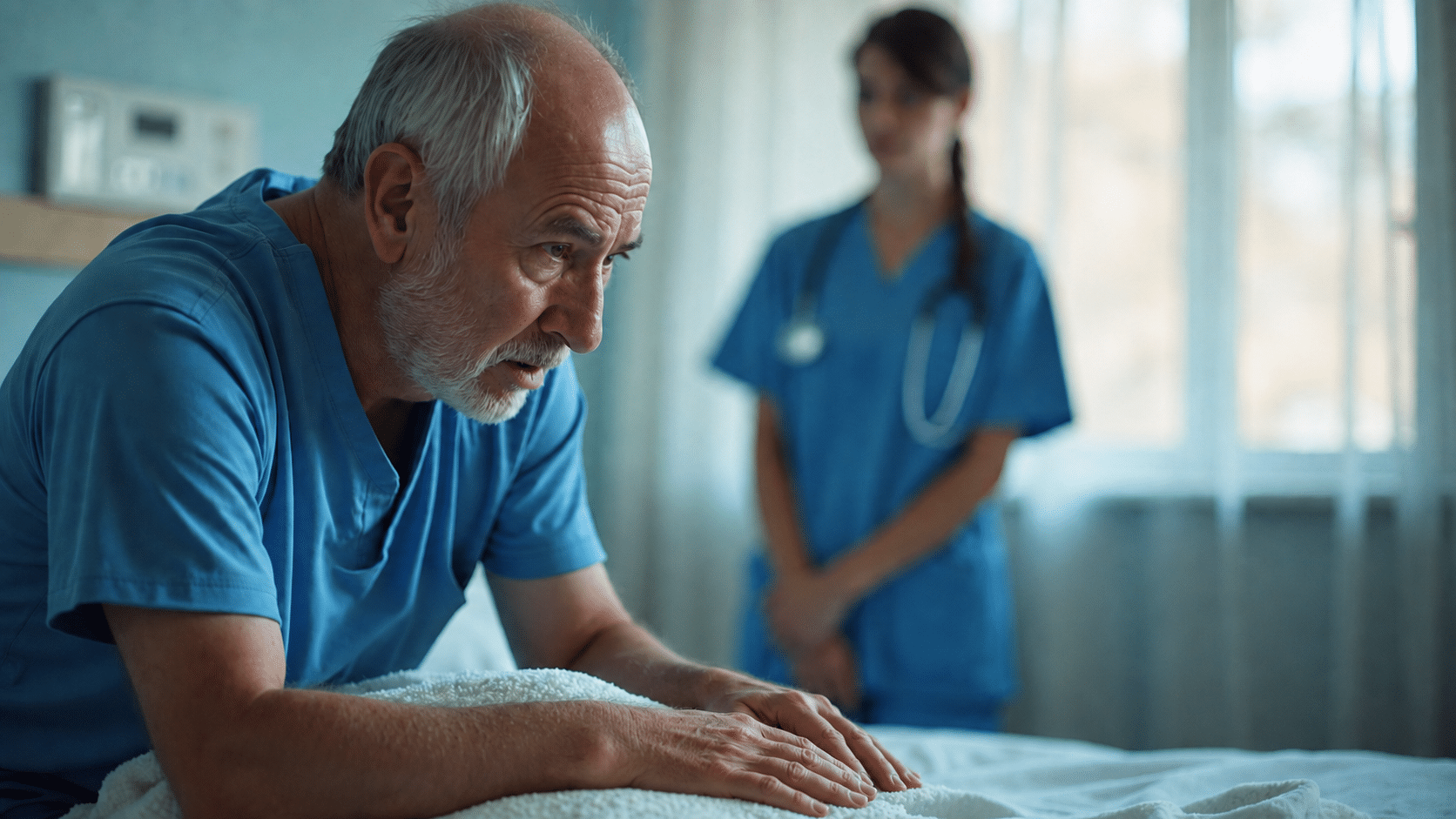 Older man in blue scrubs resting his hands on a hospital bed while a healthcare worker stands nearby.