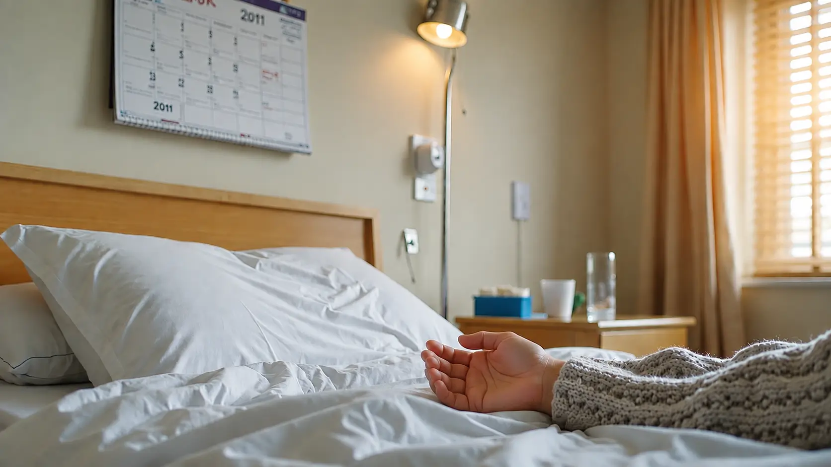 Person’s hand resting on a hospital bed in a softly lit patient room.