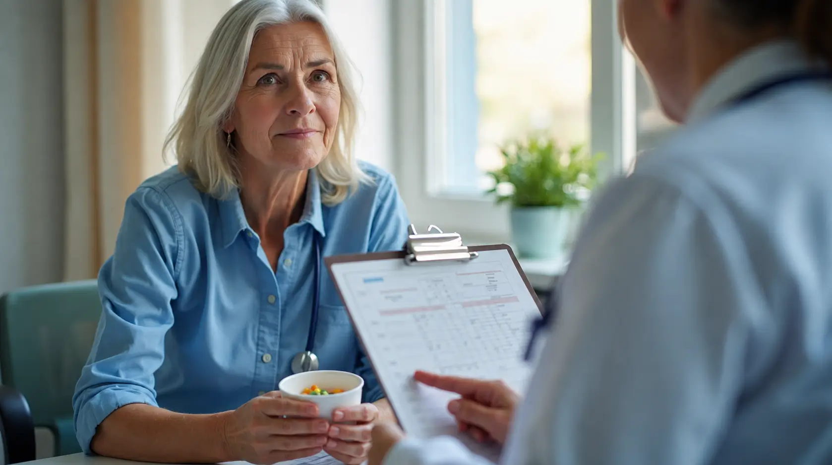 Older woman discussing medication with a healthcare professional during a medical consultation.