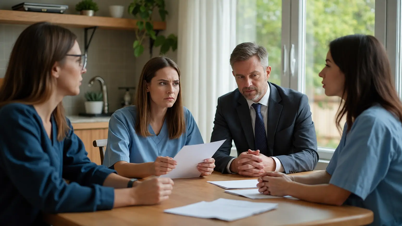 Healthcare professionals and a man in a suit discussing documents during a serious meeting around a table.
