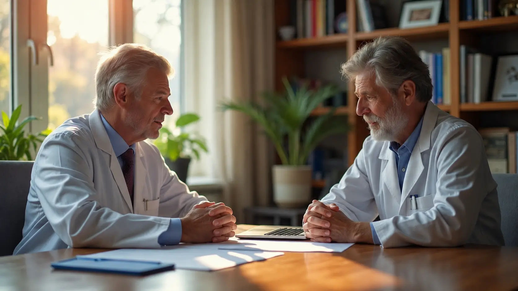 Two older male doctors discussing medical information across a table in a bright office.