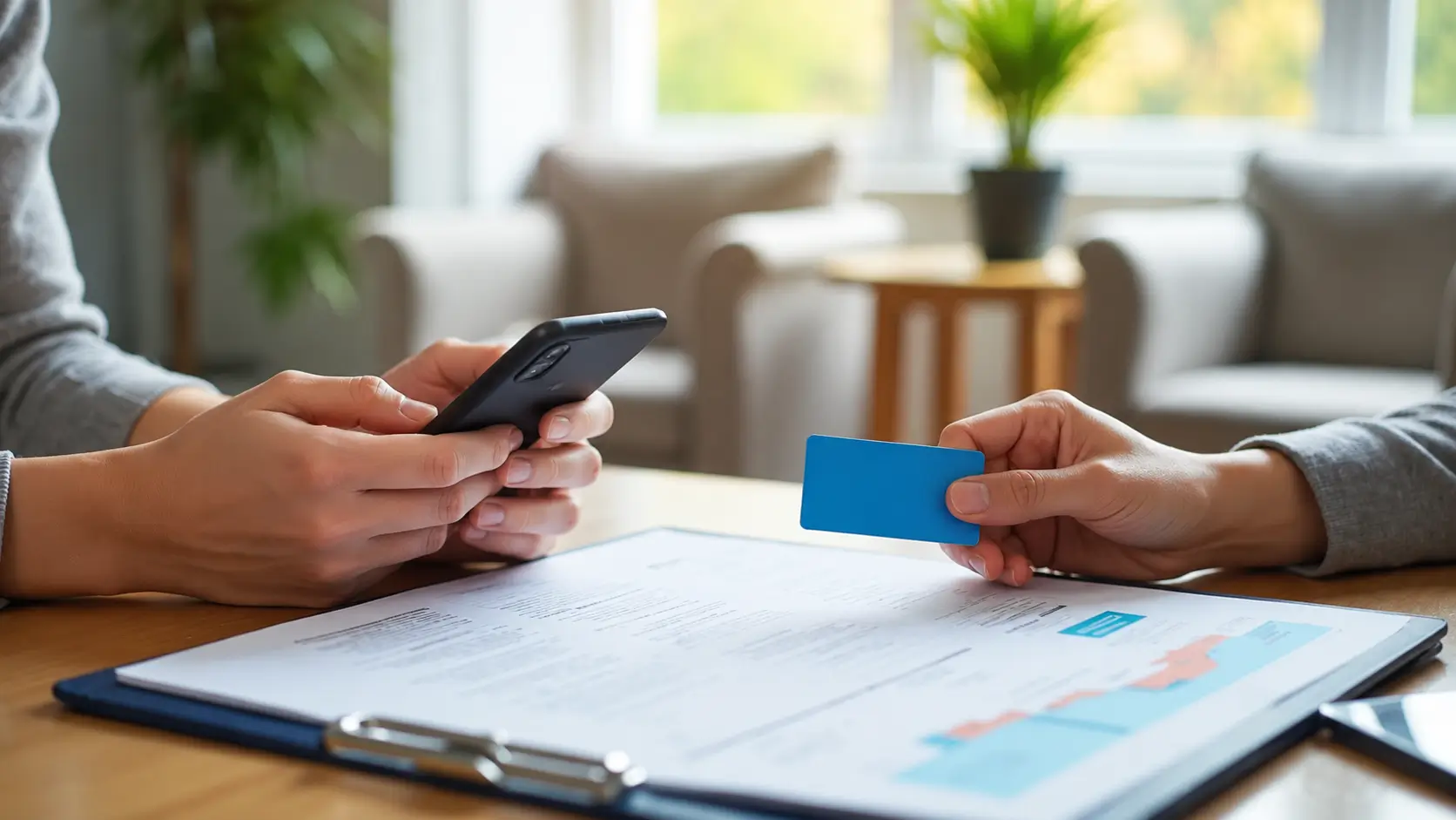 Person holding a smartphone while another person presents a blue card above documents during a consultation.