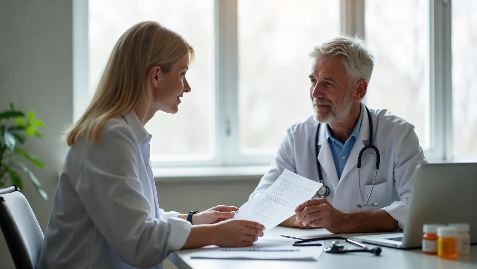 Doctor and female patient reviewing medical documents together during a consultation in a bright clinic office.