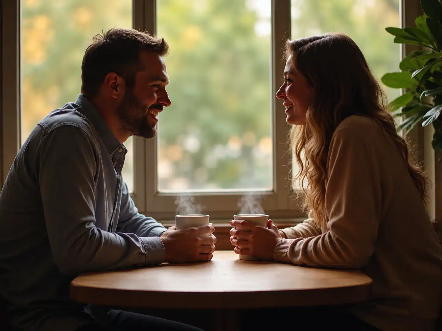Man and woman smiling while sharing warm drinks across a table by a window