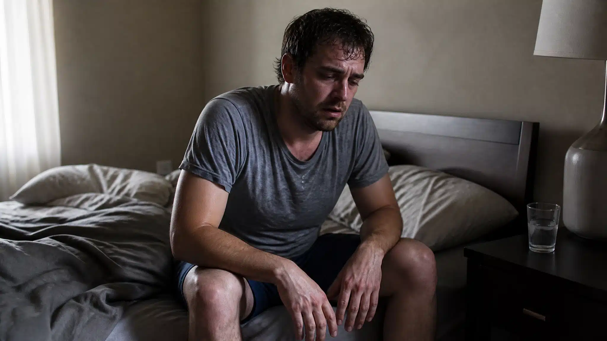 A tired man sitting at the edge of the bed in his room