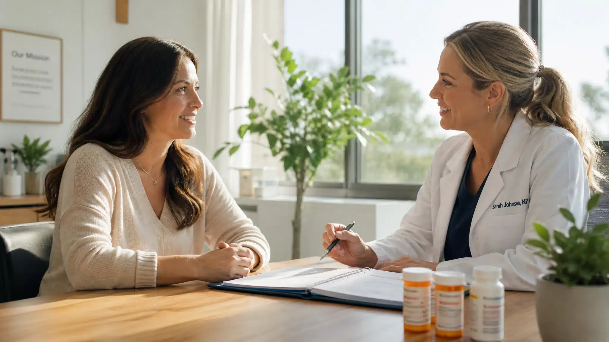 Woman discussing medication with a healthcare professional during a consultation in a bright office.