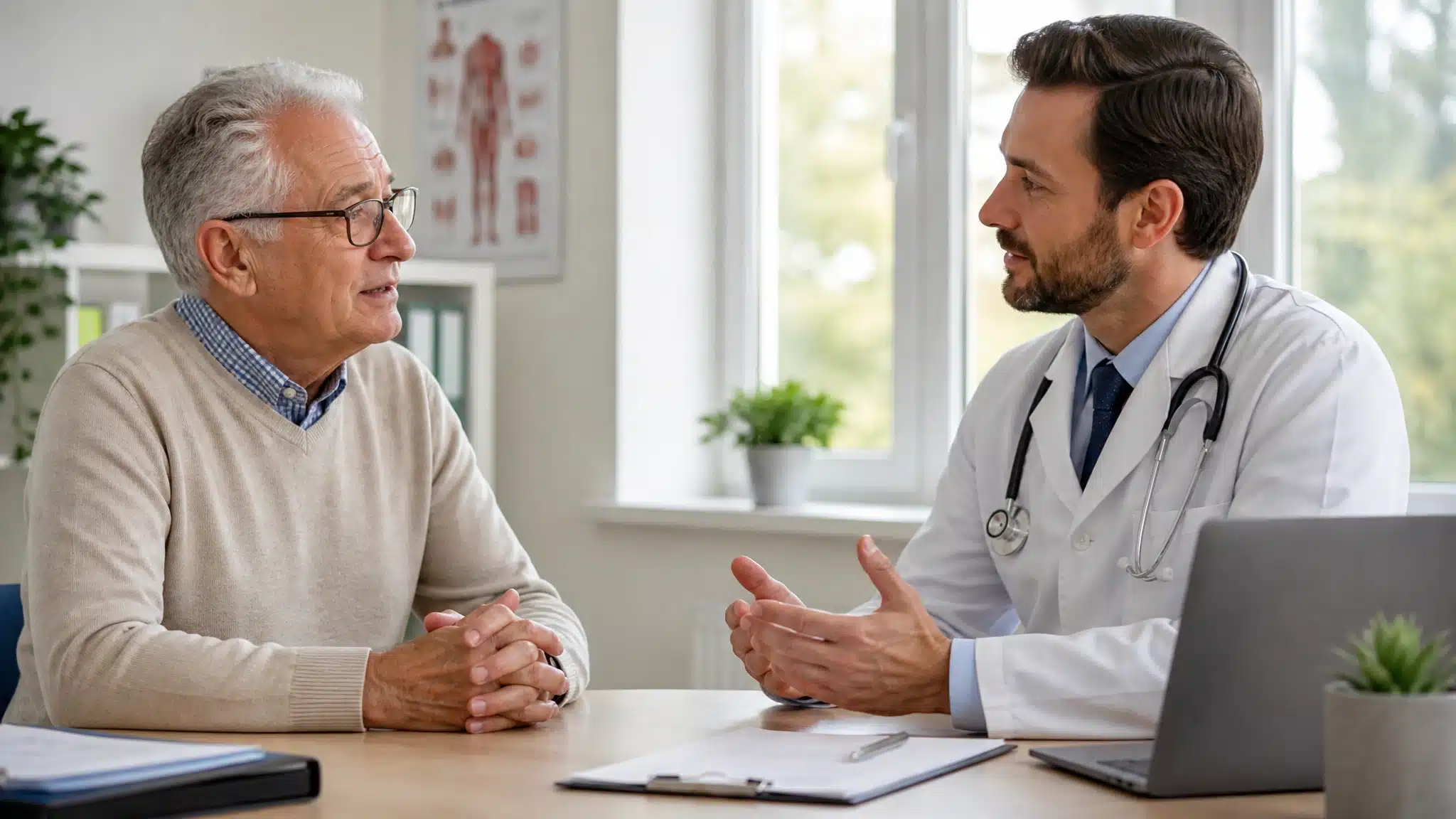 Senior man speaking with a doctor during a medical consultation in a bright clinic.