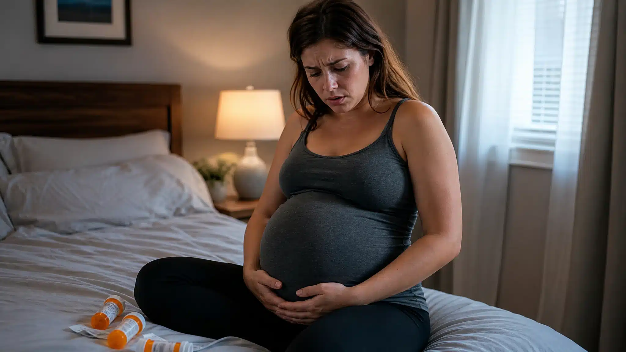 Pregnant woman sitting on a bed with prescription medication bottles nearby, looking down at her belly