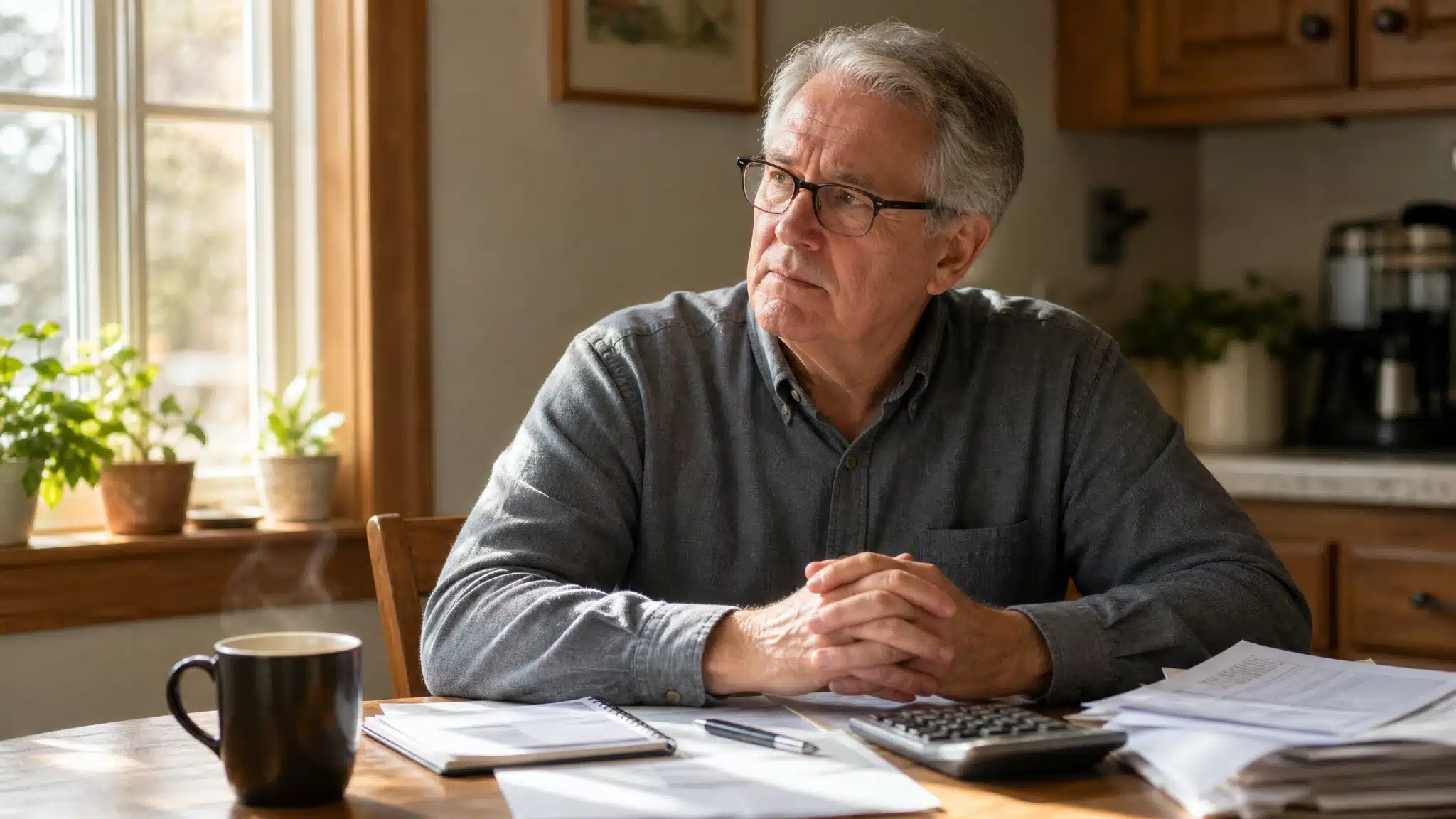 Older man reviewing bills and paperwork at a kitchen table with a calculator and coffee.