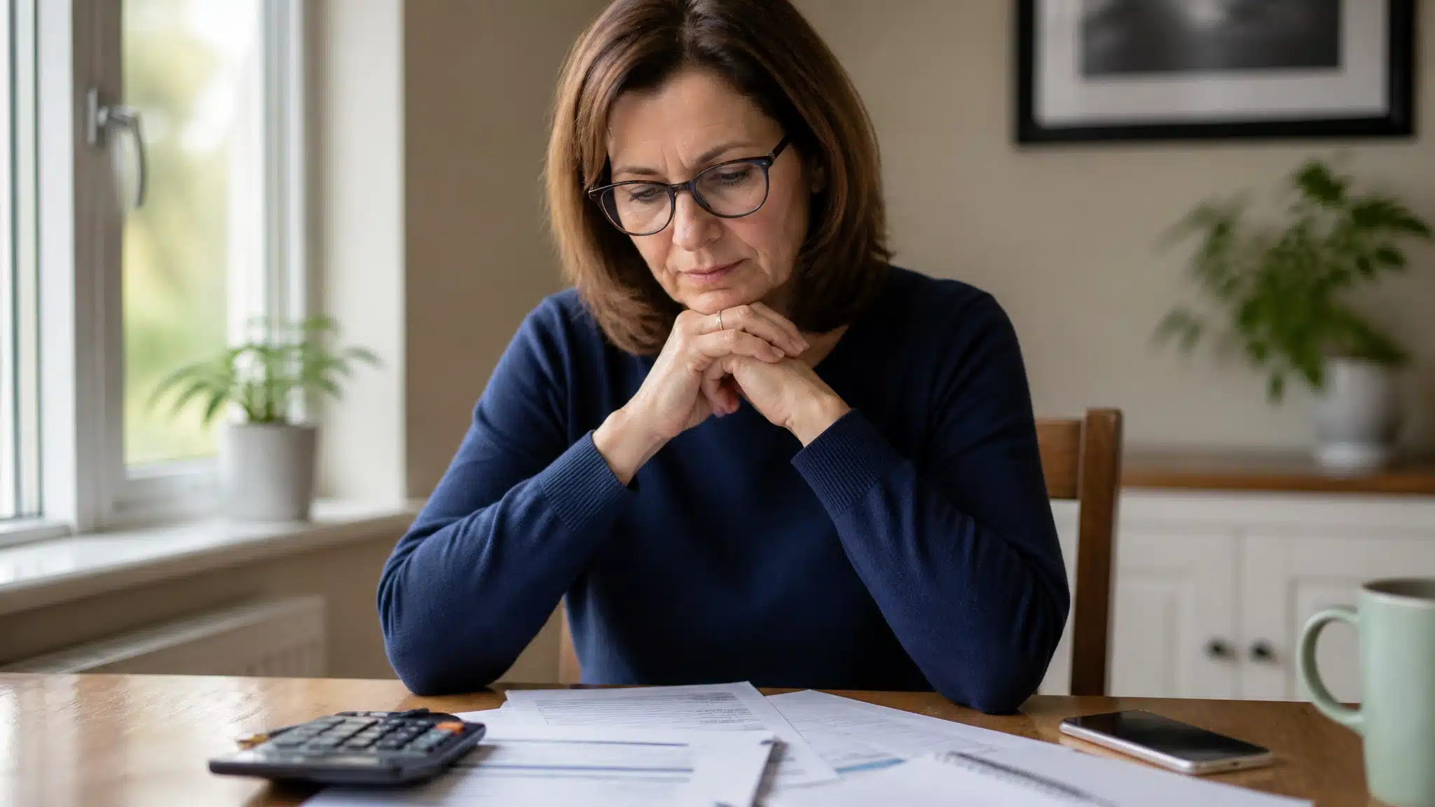 Woman reviewing financial documents at a kitchen table with a calculator, phone, and coffee mug.
