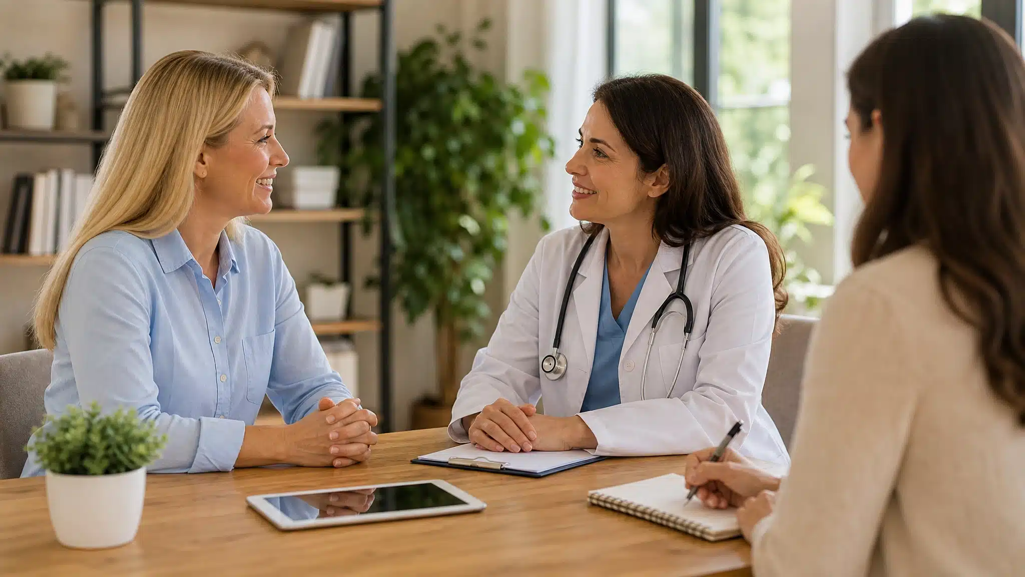 Woman speaking with a healthcare professional during a consultation while another staff member takes notes.