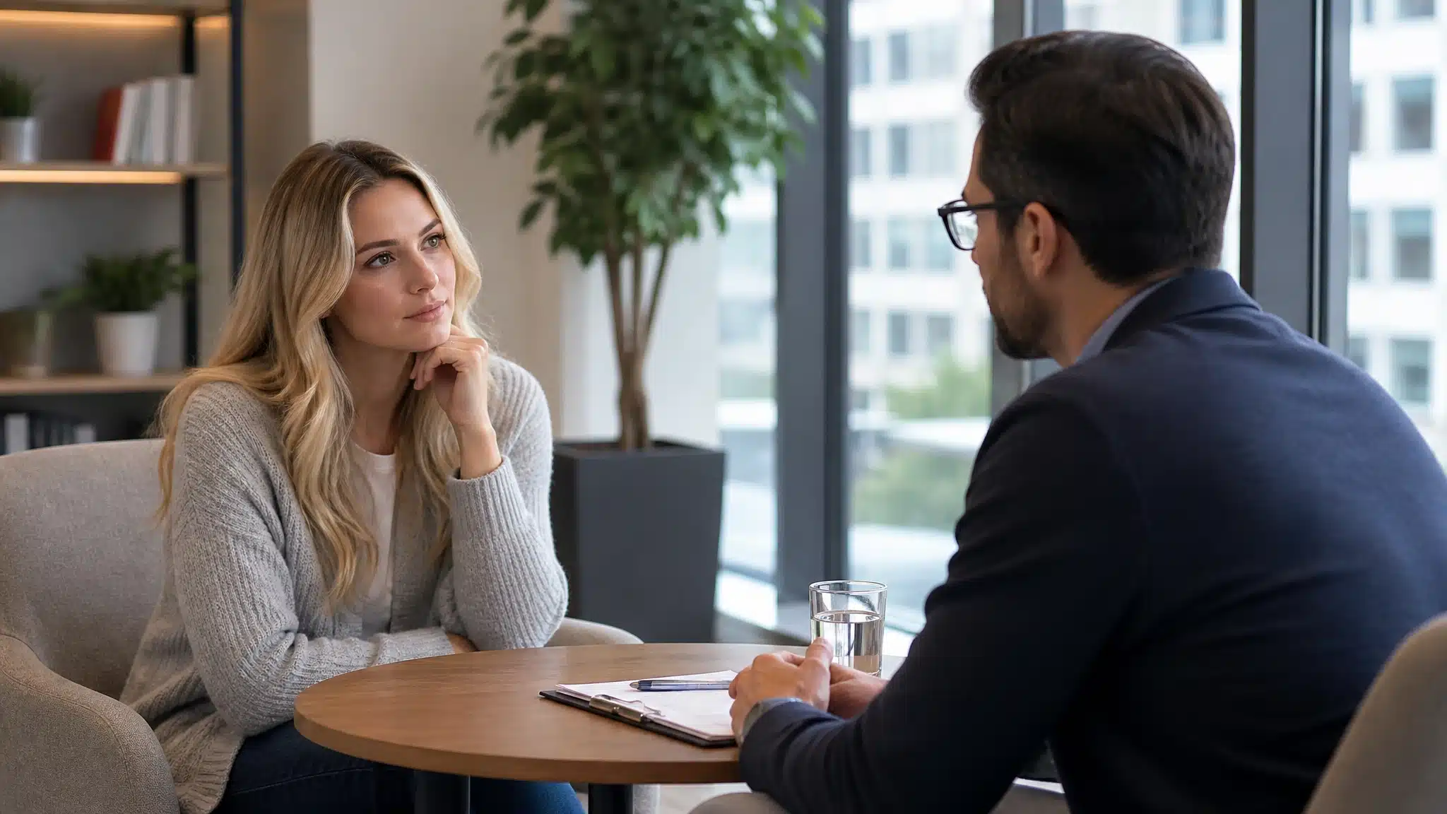 Woman speaking with a male therapist during a one-on-one counseling session in a modern office.