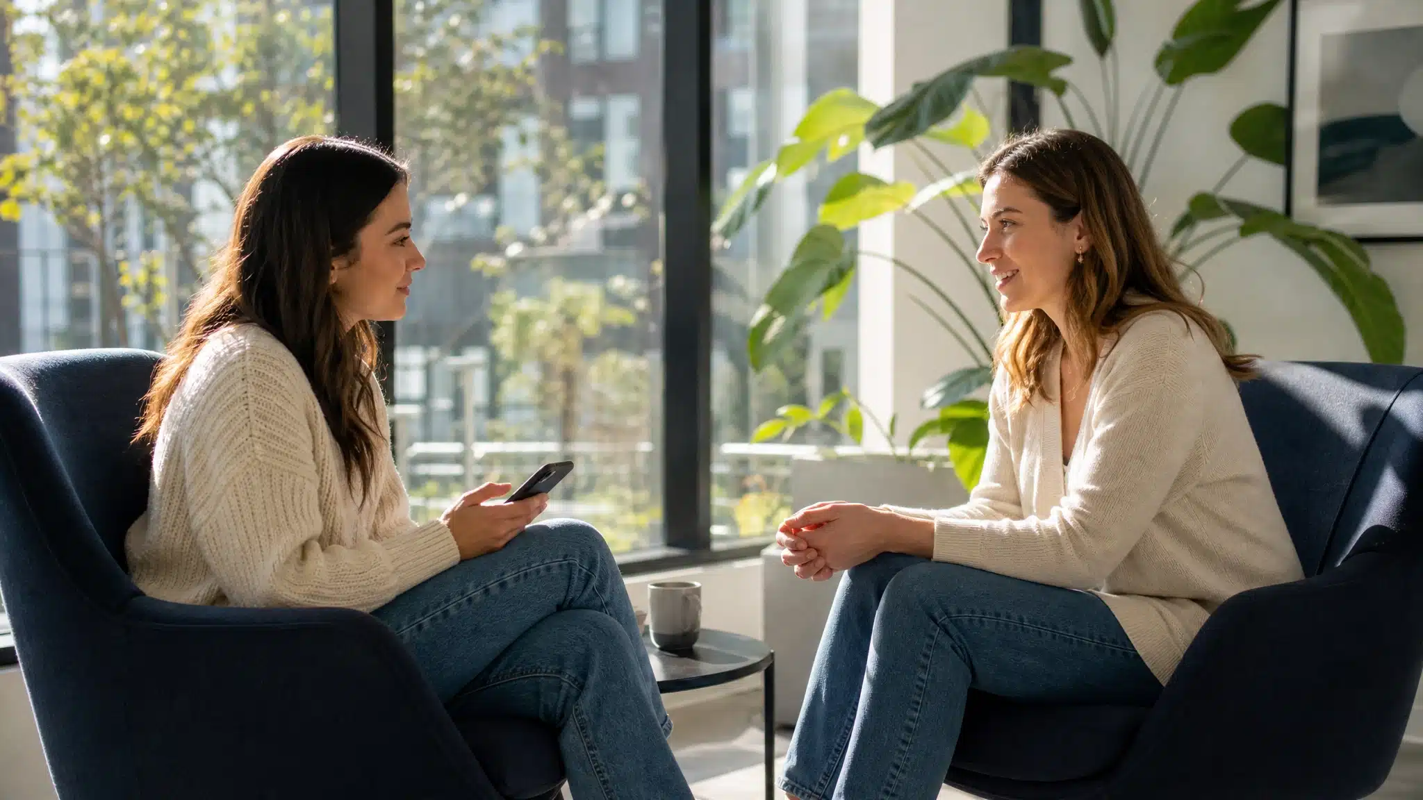 Two women having a calm supportive conversation in lounge chairs near large windows, with one holding a smartphone