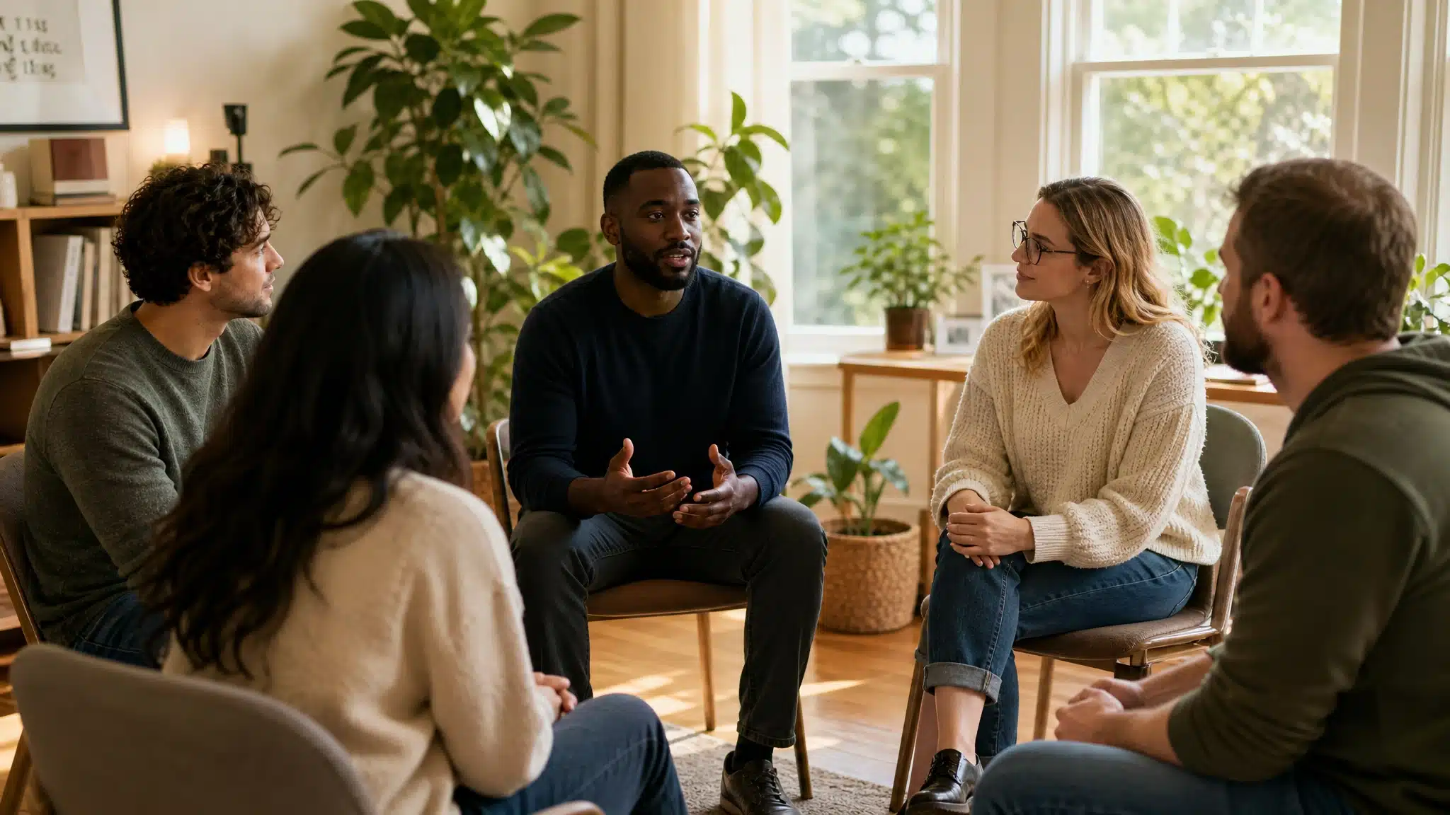 Five adults sitting together in a bright, plant-filled room during a supportive group discussion