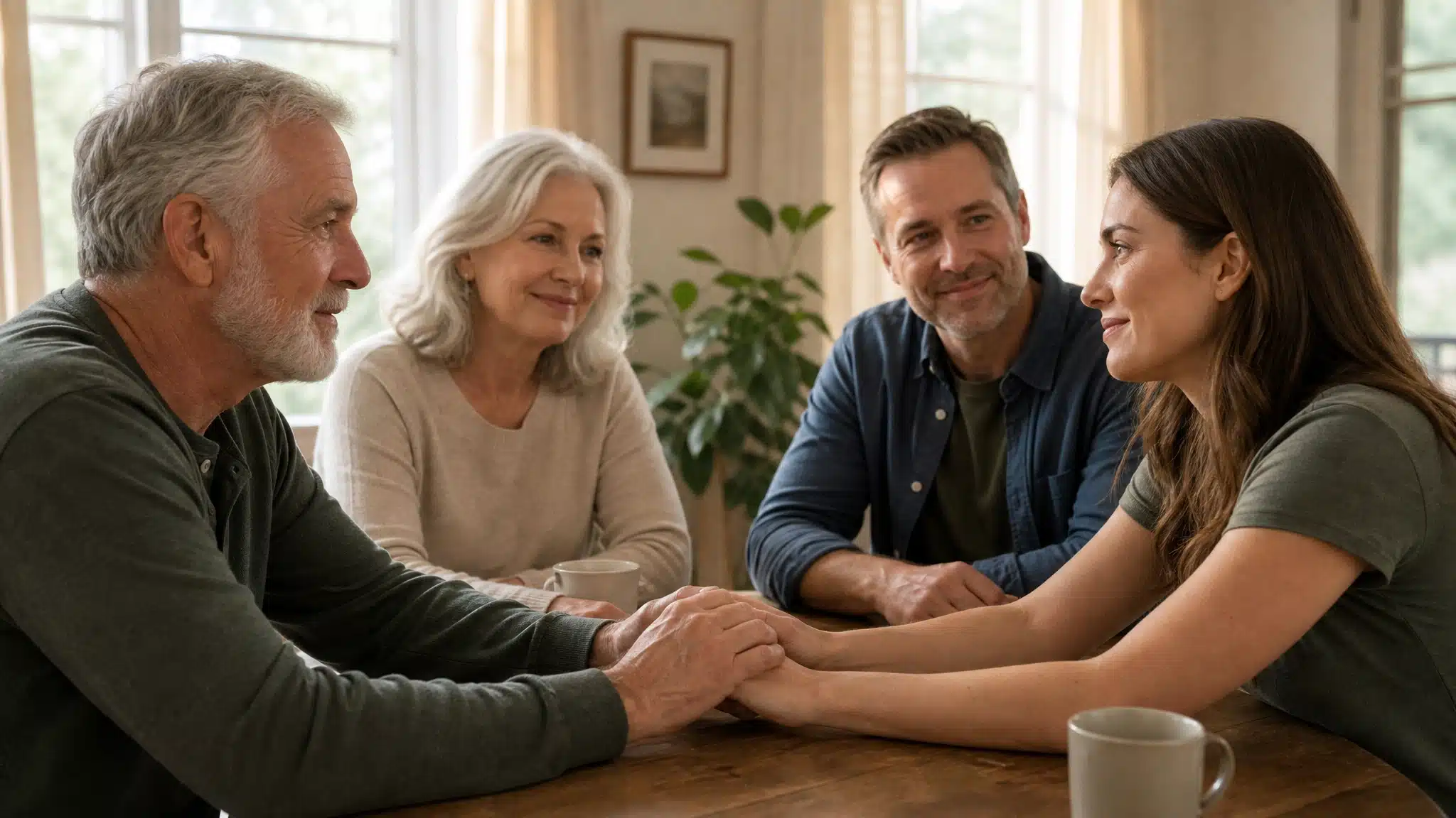 Four adults having a warm, supportive family conversation around a wooden table, with an older man holding a woman’s hands.