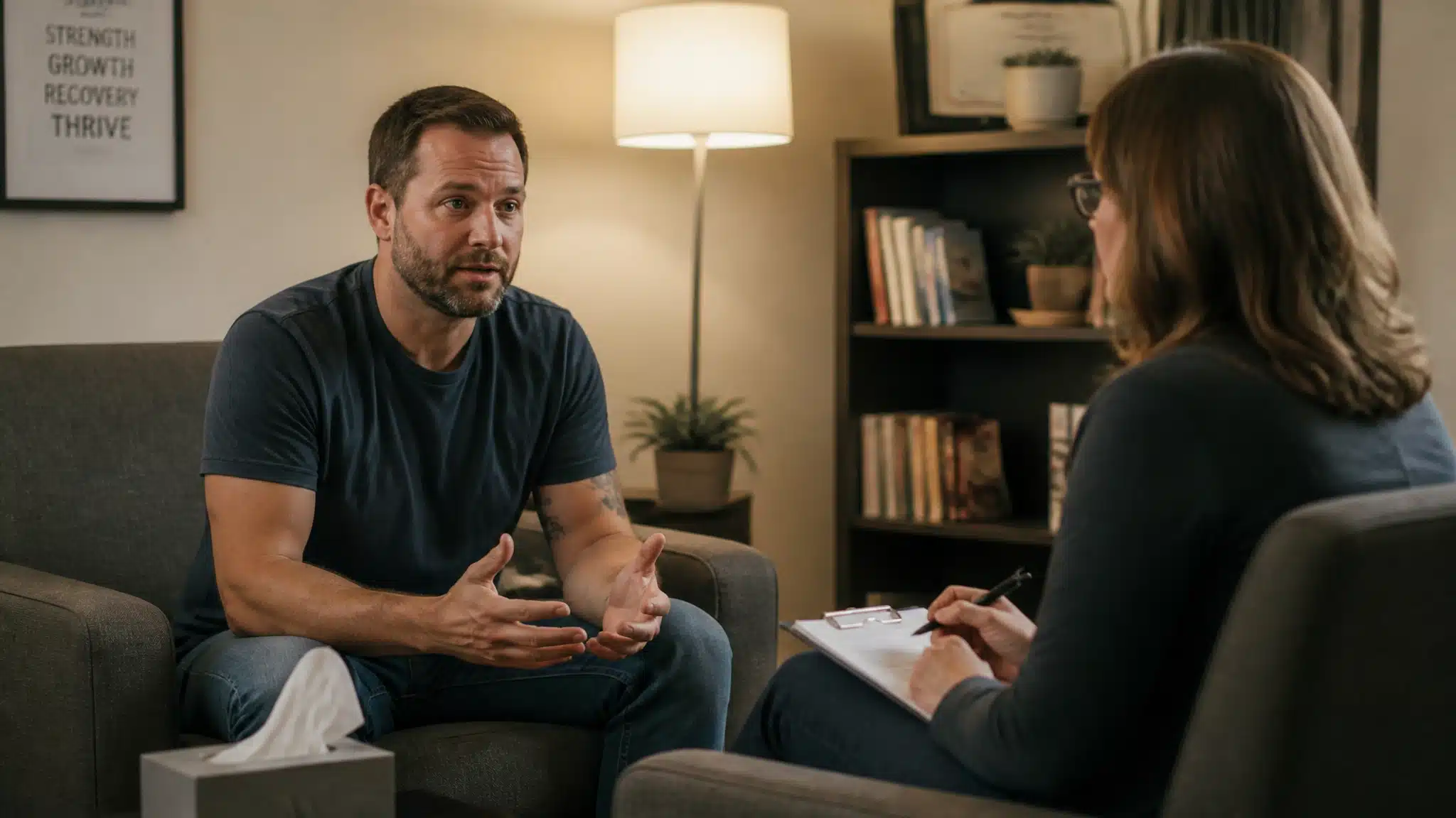 A man and therapist in the therapist office.