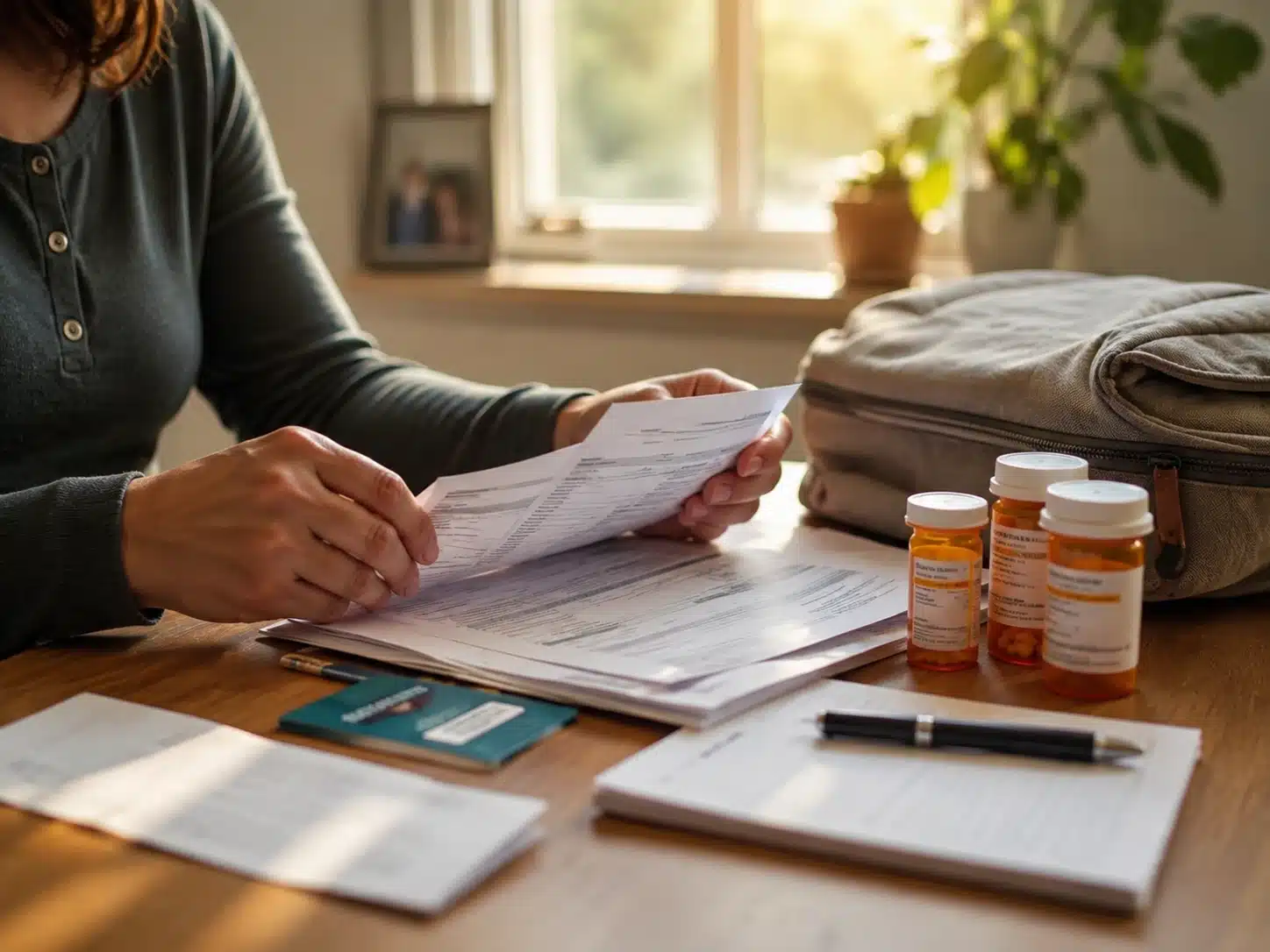 Person reviewing medical paperwork at a wooden table with prescription bottles, documents, and a card in warm natural light