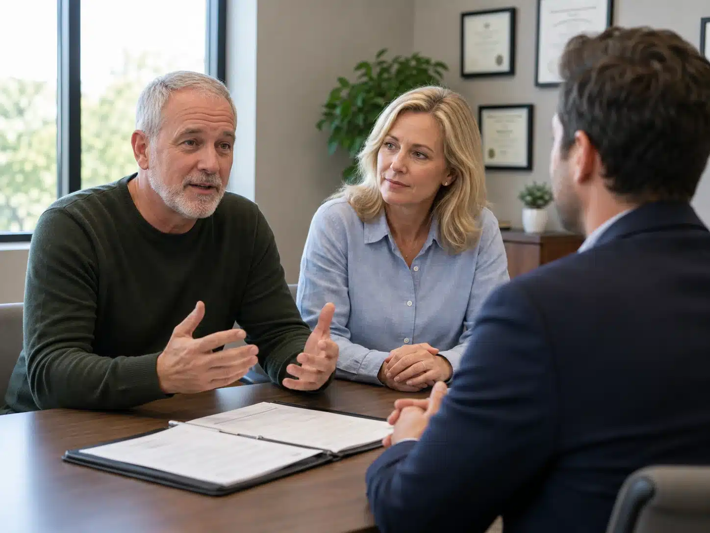 Older man and blonde woman meeting with a counselor in a bright professional office, discussing paperwork across a wooden table