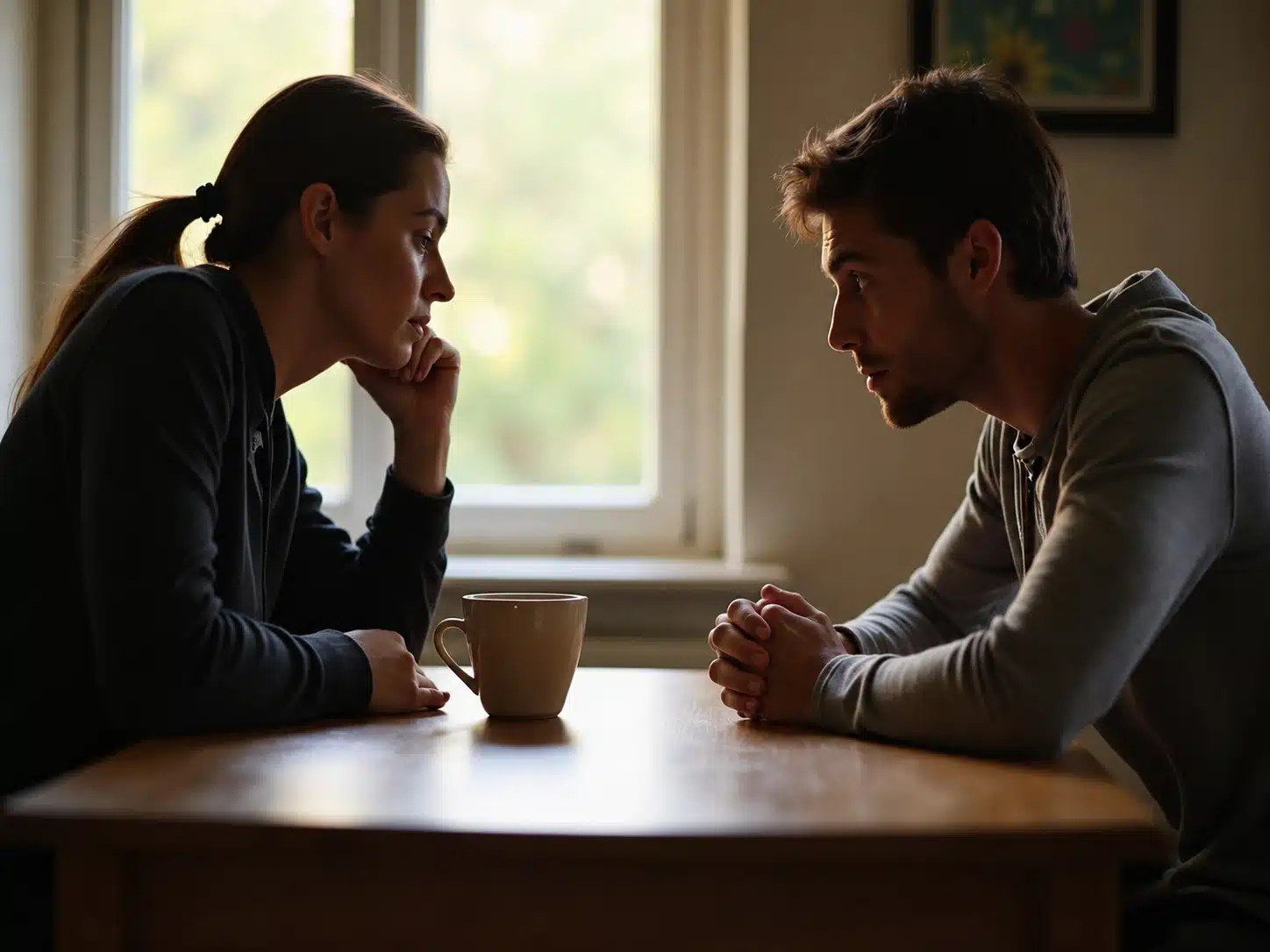 Man and woman having a serious conversation across a table by a window
