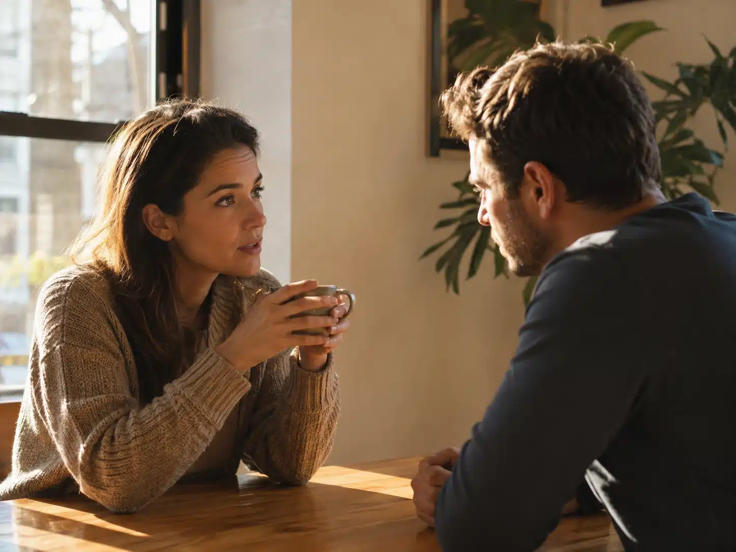 Couple having a serious conversation across a wooden table in warm natural sunlight, with the woman holding a coffee cup.